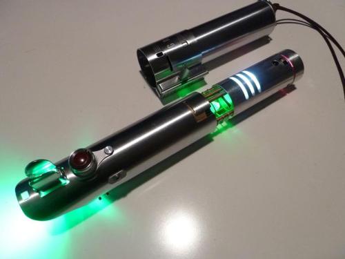 darth-noctem:  starwarseverything:  tiefighters:  Homemade Lightsaber Created by Martin Beyer Made from a graflex flash body with sound and light effects triggered by motion sensor electronics, though I bet he still makes the WHHOOSSSH noises himself