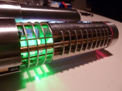 darth-noctem:  starwarseverything:  tiefighters:  Homemade Lightsaber Created by Martin Beyer Made from a graflex flash body with sound and light effects triggered by motion sensor electronics, though I bet he still makes the WHHOOSSSH noises himself