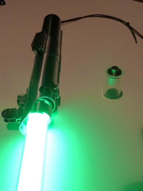 darth-noctem:  starwarseverything:  tiefighters:  Homemade Lightsaber Created by Martin Beyer Made from a graflex flash body with sound and light effects triggered by motion sensor electronics, though I bet he still makes the WHHOOSSSH noises himself