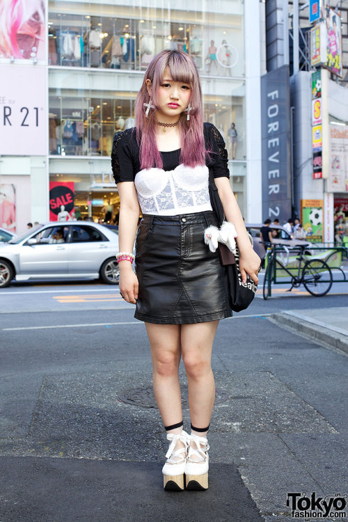 18-year-old Japanese student with pretty hairstyle, bustier top, leather skirt &amp; rocking horse s