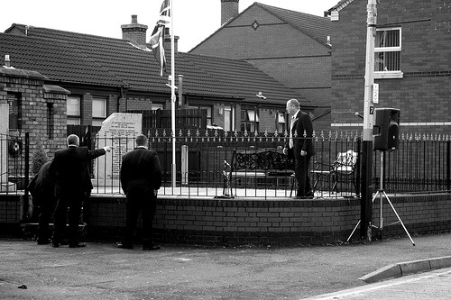 Men preparing for a statement in East Belfast. The photographer stated his suspicion that these men 