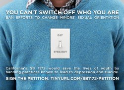 stfurapeculture:  gaywrites:  SB 1172 would ban conversion (“ex-gay”) therapy for minors in California. Conversion therapy is ineffective, medically unsound, and extremely harmful. Sign the petition against it here.   Just to clarify, the petition