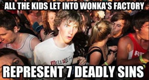 justthefactsmaam:  verrottenden:  rafaofl:  “Augustus Gloop is gluttony (always eating), Veruca Salt is greed (spoilt brat who always wants more), Violet Beauregarde is pride (always boasting), Mike Teavee is sloth (sits and watches TV all the time),