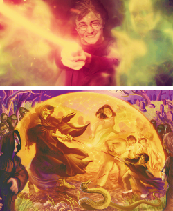  Art to Film: Priori Incantatem [Harry] felt his feet lift from the ground. He and Voldemort were both being raised into the air, their wands still connected by that thread of shimmering golden light. They glided away from the tombstone.. Shadowy figures