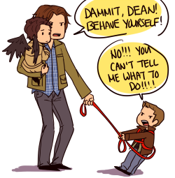 castiels-wing-s:  brakes:  professortennant:  brakes:  brakes-deactivated20141119: fairywine answered: Little Cas and Dean together, with babysitter!Sam? PLEASE MAKE THIS HAPPEN!  “GIMME BACK MY ANGEL!!!!!”“Dean, Cas isn’t a commodity! And you