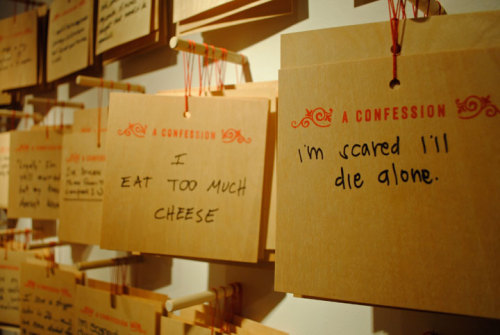  Confessions, public art project, The Cosmopolitan, Las Vegas, Nevada by Candy Chang. For one month, Chang lived in Vegas. Visitors could stop by, enter a booth, write whatever thoughts they wanted to share, and drop the confession into a box that mixed