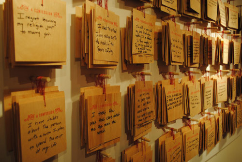 cawtneey:  Confessions, public art project, The Cosmopolitan, Las Vegas, Nevada by Candy Chang. For one month, Chang lived in Vegas. Visitors could stop by, enter a booth, write whatever thoughts they wanted to share, and drop the confession into a box