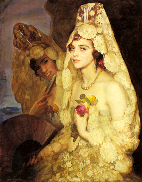 steelylaceribbon:  Antonio Pedro,Two Elegant Ladies Holding Fans, (1828)