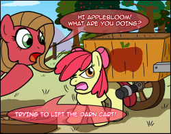 askpun:  Did you hear about the exercise regimen that Applebloom’s sister does? It involves a lot of jumping jacks! Artwork by AniRichieWritten by TestSubject75Script #99  Dahaha xD Poor Bloom &lt;3