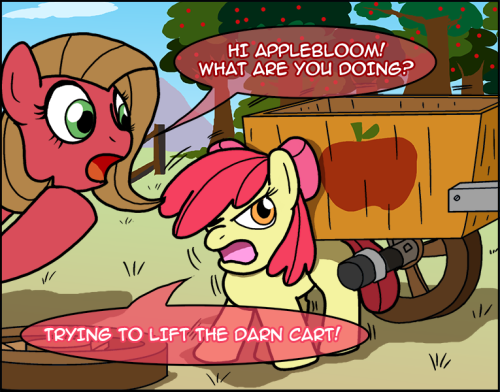 askpun:  Did you hear about the exercise regimen that Applebloom’s sister does? It involves a lot of jumping jacks! Artwork by AniRichieWritten by TestSubject75Script #99  Dahaha xD Poor Bloom <3