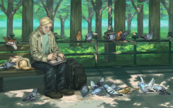 bananasandguavas:  steve in a park drawing pigeons. inspired by a headcanon of my sister’s and some really cute pigeon feeding photos grace sent me. 