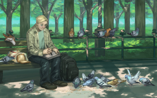 bananasandguavas: steve in a park drawing pigeons. inspired by a headcanon of my sister’s and 