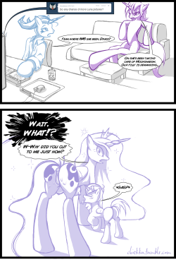 chiekku:  Because, Luna….because. For clarification: I am on the left, Draco is on the right, the filly is Luna and Draco’s, and no, there’s not some kind of three way relationship going on here (interesting idea though….).  ooooh (sorry i&rsquo;ll