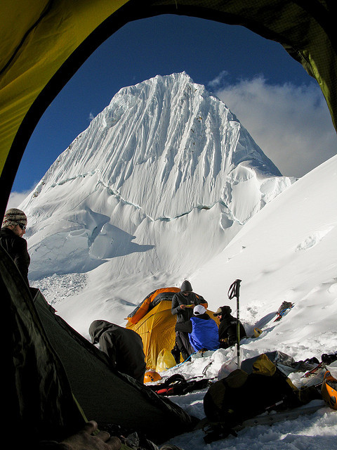 Base camp view of Alpamayo, one of the most beautiful mountains in the world, Cordillera Blanca, Per