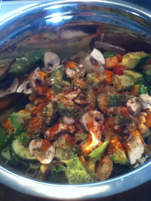 Lunch today!! Giant Salad! What you see in the picture is salad, veggies, &frac12; avocado, chic