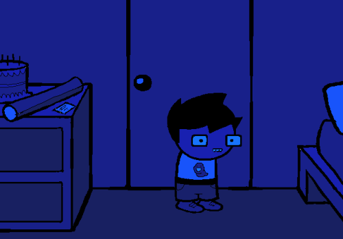 bootycallfish:djavjr:a blue man stands in his blue bedroom. blue is his house, with a blue little window, and a blue cor