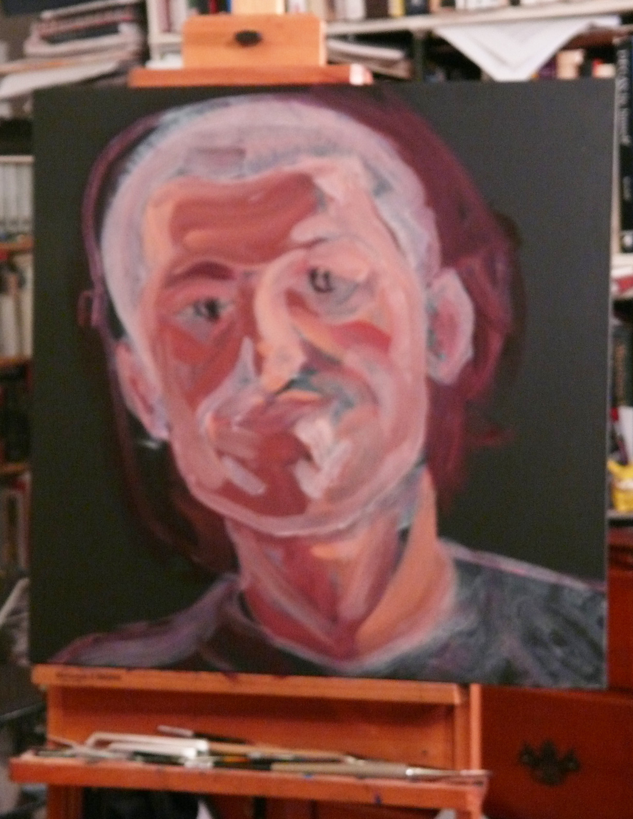 Self-portrait work-in-progress.  The first hour, and then a few more.     Acrylic