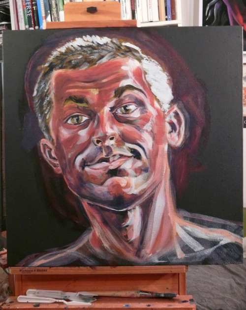 Self-portrait work-in-progress.  The first hour, and then a few more.     Acrylic on canvas, 24"x24"