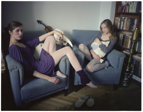 White tights, purple dress and leg warmers