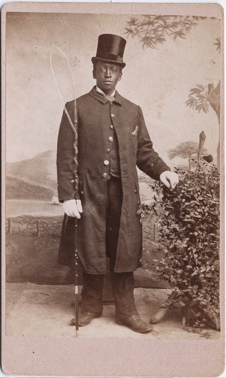 tuesday-johnson: ca. 1885, [carte de visite portrait of a coachman standing with top hat, white glov