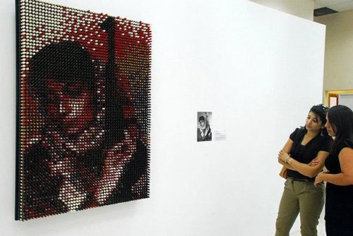 myampgoesto11:  Politically-Driven Portrait Made of 3,500 Lipsticks  For a show at Birzeit University, Palestinian artist Amer Shomali chose to create a portrait of Leila Khaled, the woman known as the “poster girl of Palestinian militancy.” Unlike