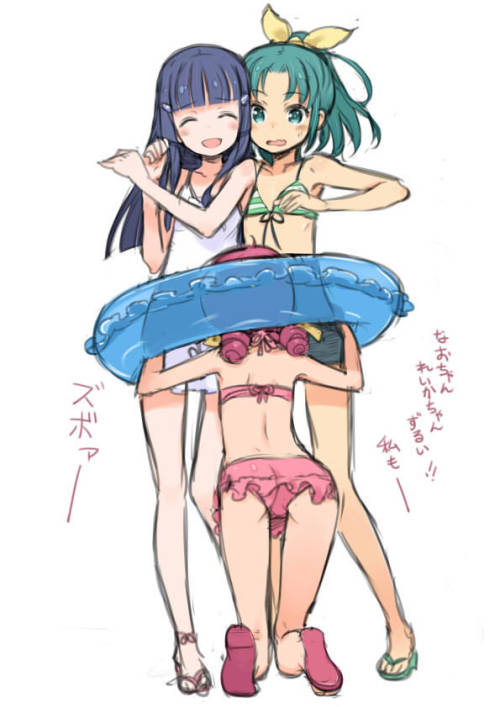 sieben002:3girls aoki reika bikini blue hair blush eyes closed green eyes green hair hair tubes hosh