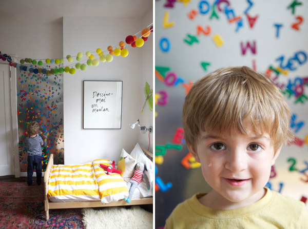 DIY magnet wall is cool but also that bedding is the cutest that rainbow string of