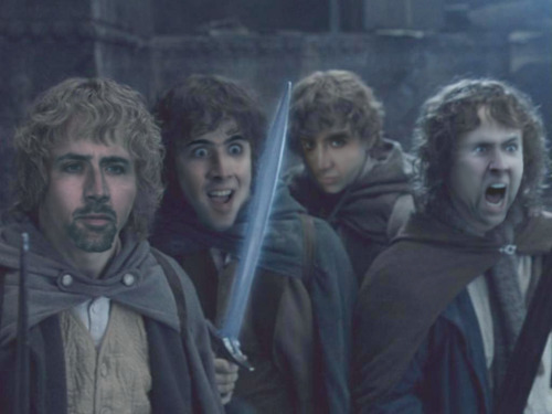 Nicolas Cage as Hobbits Merry, Frodo, Sam, and Pippin