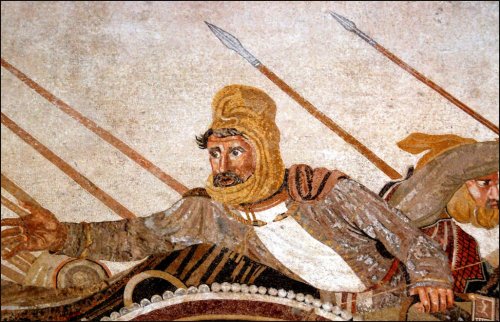Detail from the Alexander Mosaic showing Darius in the Battle of Gaugemela, 331BC, between Alexander