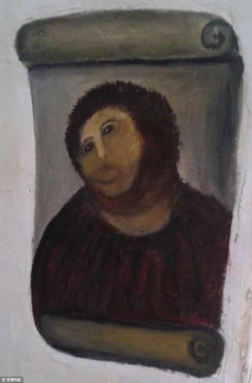 rosu:  freyahere:  theoddmentemporium:  A well-meaning octogenarian has stunned art experts after taking it upon herself to restore a treasured century-old fresco - with distinctly amateurish results. Elias Garcia Martinez’s depiction of Jesus has