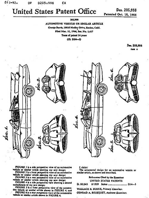Original 1966 Batmobile Design Patent