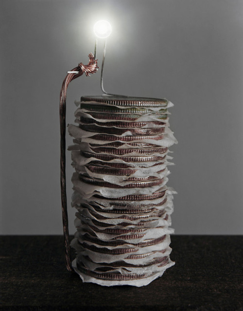 photojojo:  Photographer Caleb Charland uses sources of alternative energy, such as coins, apples, and vinegar to power a light bulb. While that’s nothing new, Charland happens to be a pretty darn good photographer as well.  Still Life Series Wires