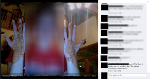thegirlwithcaramelskin:  black—lamb:  octoberacid:  broadlybrazen:  [Image description: screenshot of Facebook photo and its comment page. Photo shows white girl displaying mehndi on her hands. The relevant comment reads, “Love it!  I like how