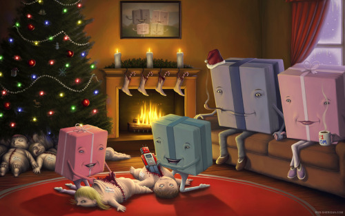 endless-daydream:  super-gay-natural:  heavy-metal-vegan:  Presents Opening Children Illustration by Rob Sheridan  i… im not sure…    idk i think it’s cute they’re this family and the parents are just like awwwh look at our kids opening their