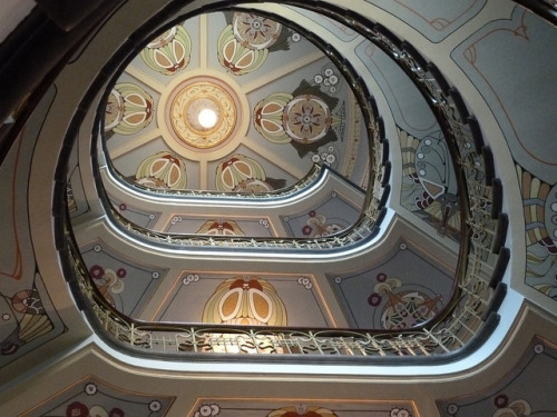 Art Nouveau Museum spiral staircase in Riga, Latvia (by lalobamfw).