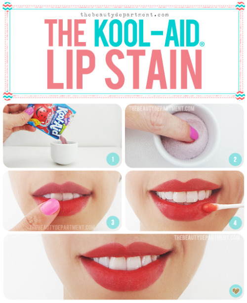 DIY Easy Kool-Aid Lip Stain from The Beauty Department here. If you go to the link they tell you wha