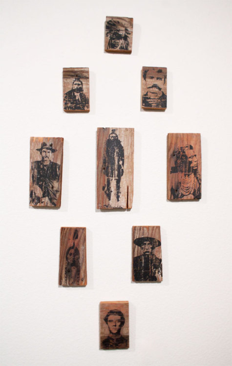 Cowboys and Indians. Acrylic transfer on wood.  < 2" wide each