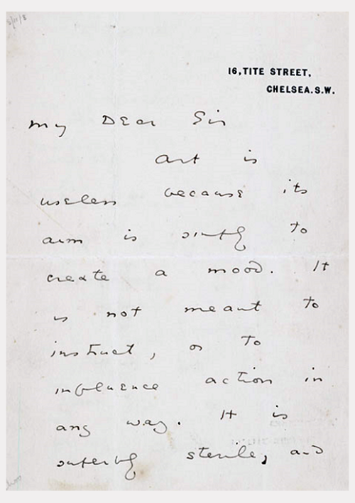likeafieldmouse:Oscar Wilde’s letter to an Oxford student on the uselessness of art:My Dear SirArt i