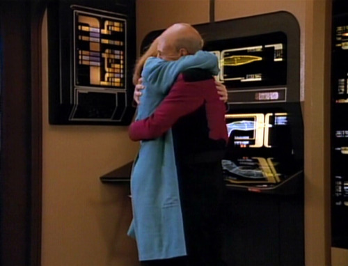 startrekhugs:[image: Beverly Crusher and Jean-Luc Picard hugging tightly in Engineering. Image from 