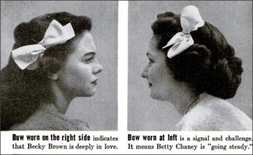 High School Fads, 1944pic 1) Bow on top of head means Ann Mitchell is out to “Get herself a ma