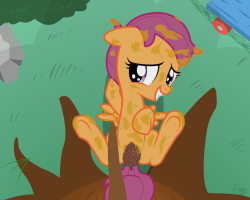 Had a fast request thrown at me the other night while I was trying to figure out another picture I was working on. A certain ScootaSpy demanded that a picture of Scootaloo covered in tree sap be rendered posthaste, more than likely due to some emergency