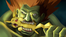 fredthedragon:  Me Blanka eating pikachu  Yummy!!!