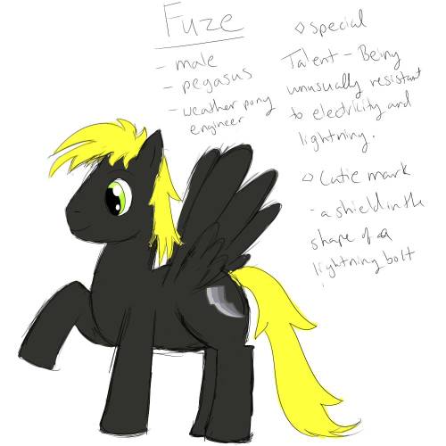 So I’ve realized I’ve never actually done a proper reference sheet for Fuze, so I made a quick one. - Fuze is a dark gray pegasus with a yellow mane in the style of a mullet, and yellow tail.  He’s a weather pony who’s specializes