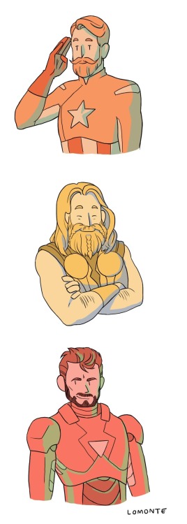 lomonte:  Is this set in the future? When they all decided to grow beards? Tony got some type of Seneca Cane-beard because that’s the sexiest beard ever existed. Oh, and bonus Spider man:  