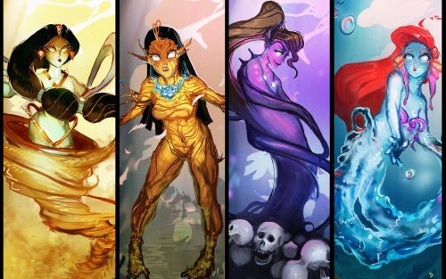 toughtink:  nightxade:  Disney Elementals, by CeruleanRaven  these are too amazing!! i just loooove the Snow White one’s concept. Jasmine’s too. and dragonfire Mulan? YES PLEASE. a liiittle sad that they’ve left out two of my favorites (Tink and