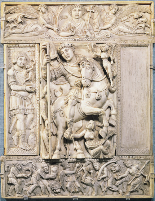 Justinian as world conqueror (Barberini Ivory), left leaf of a diptych, midsixth century. Ivory, 1&r