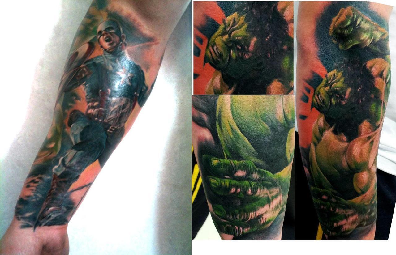 Lower section of my Super Hero sleeve. Captain America and Hulk, done by Matt Jordan at Blue Lotus tattoo in Albany, Auckland, New Zealand. Superman and Ironman to go on the upper arm and we’re done! So happy with it!