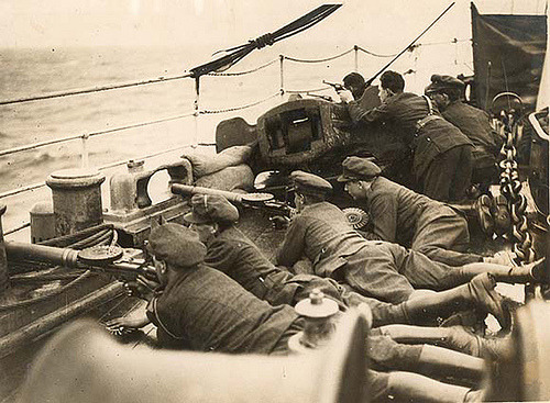 Free State troops on board a ship bound for a secret destination during the Irish Civil War.