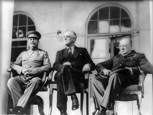 collective-history:Joseph Stalin, Franklin D. Roosevelt, and Winston Churchill at the Tehran Confere