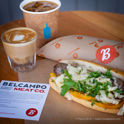 Grilled Duck Sausage on Acme bun with pickled cabbage and tomato salad (paired with a Gibraltar & New Orleans iced coffee) from Belcampo + Blue Bottle Coffee’s monthly Meat-Up, 300 Webster St. at Jack London Square, Oakland, CA.